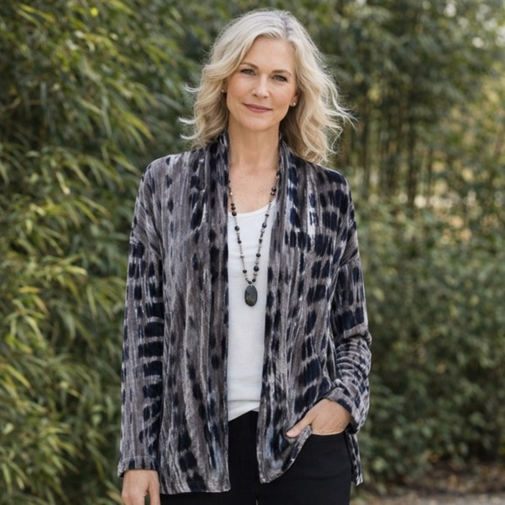 Pure Jill Velvet Cardigan Women‎ Size S Grey Animal Print Open Front Boho Kimono